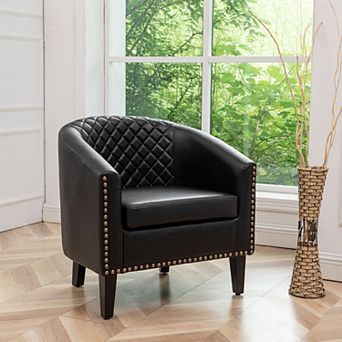 Tufted Faux Leather Small Barrel Club Chair