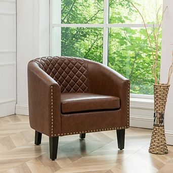 Tufted Faux Leather Small Barrel Club Chair