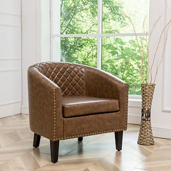 Tufted Faux Leather Small Barrel Club Chair