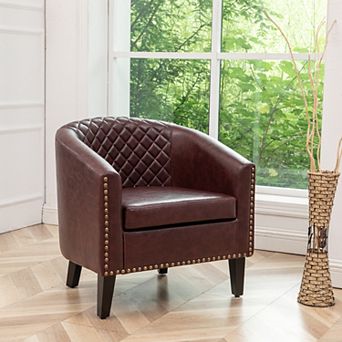 Tufted Faux Leather Small Barrel Club Chair