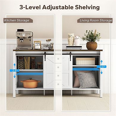 Farmhouse Coffee Bar Cabinet with Sliding Barn Doors & 4 Drawers