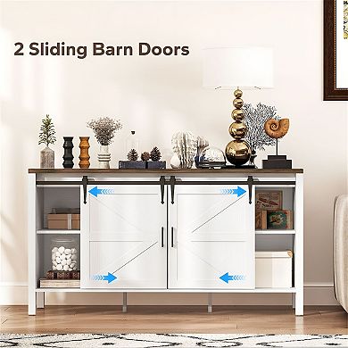 Farmhouse Coffee Bar Cabinet with Sliding Barn Doors & 4 Drawers