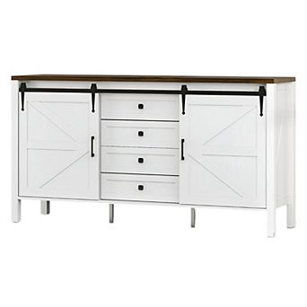 Farmhouse Coffee Bar Cabinet with Sliding Barn Doors & 4 Drawers