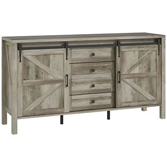 Farmhouse Coffee Bar Cabinet with Sliding Barn Doors & 4 Drawers