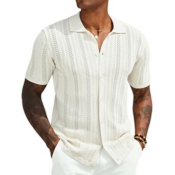 COOFANDY Knit Button Down Shirt Men Short Sleeve Vintage 70s Polo Shirts Summer Casual Beach