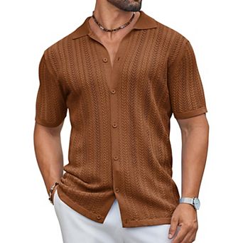 COOFANDY Knit Polo Men Casual Stylish Short Sleeve Vintage Beach Shirt Clothes Textured Button Up