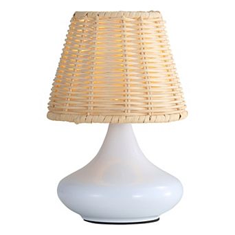 White Woven Bamboo Table Lamp Dimmable Desk Lamp Night Light with Iron Base, Three Color Temperature
