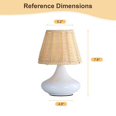 White Woven Bamboo Table Lamp Dimmable Desk Lamp Night Light with Iron Base, Three Color Temperature