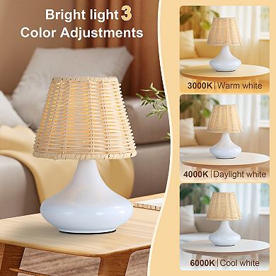 White Woven Bamboo Table Lamp Dimmable Desk Lamp Night Light with Iron Base, Three Color Temperature