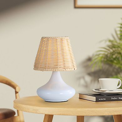 White Woven Bamboo Table Lamp Dimmable Desk Lamp Night Light with Iron Base, Three Color Temperature