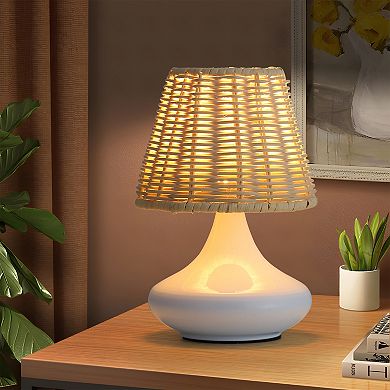 White Woven Bamboo Table Lamp Dimmable Desk Lamp Night Light with Iron Base, Three Color Temperature