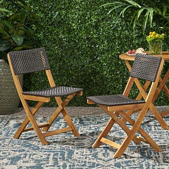 Bistro Chair, Set of 2 Foldable Acacia Wood Wicker Chairs for Patio & Backyard
