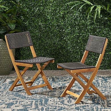 Bistro Chair, Set of 2 Foldable Acacia Wood Wicker Chairs for Patio & Backyard