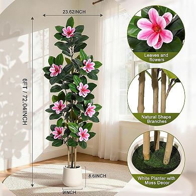 Artificial Rubber Tree with Flowers, Real Touch Faux Silk Floral Potted Plant Indoor Entryway Decor
