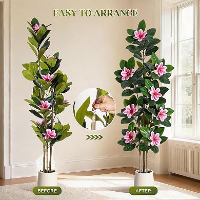 Artificial Rubber Tree with Flowers, Real Touch Faux Silk Floral Potted Plant Indoor Entryway Decor