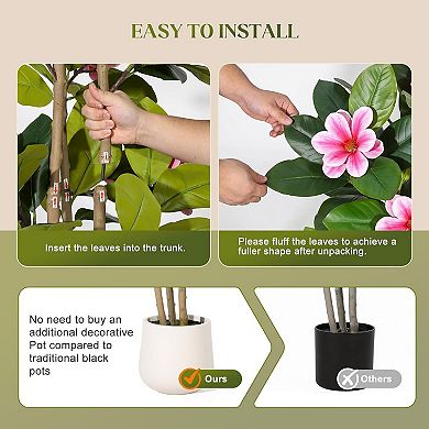 Artificial Rubber Tree with Flowers, Real Touch Faux Silk Floral Potted Plant Indoor Entryway Decor