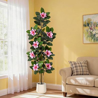 Artificial Rubber Tree with Flowers, Real Touch Faux Silk Floral Potted Plant Indoor Entryway Decor