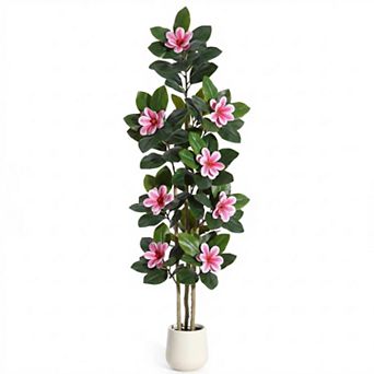 Artificial Rubber Tree with Flowers, Real Touch Faux Silk Floral Potted Plant Indoor Entryway Decor