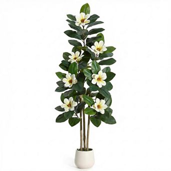 Artificial Rubber Tree with Flowers, Real Touch Faux Silk Floral Potted Plant Indoor Entryway Decor