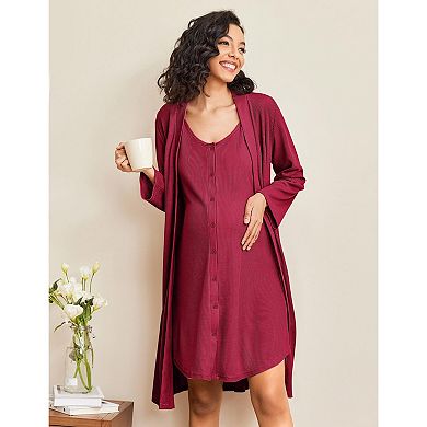 Ekouaer Maternity Nursing Gown and Robe Set 2 Piece Waffle Breastfeeding Nightgown