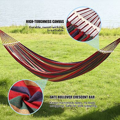 Large Canvas Cotton Hammock with Wooden Spreader Bars 500 LBS Capacity for Patio and Backyard