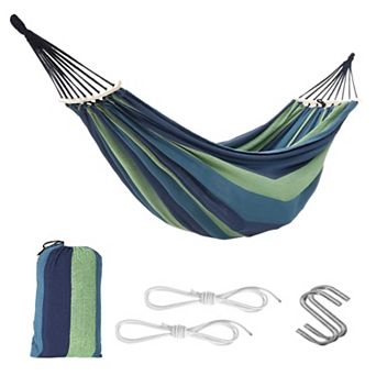 Large Canvas Cotton Hammock with Wooden Spreader Bars 500 LBS Capacity for Patio and Backyard