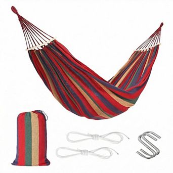 Large Canvas Cotton Hammock with Wooden Spreader Bars 500 LBS Capacity for Patio and Backyard
