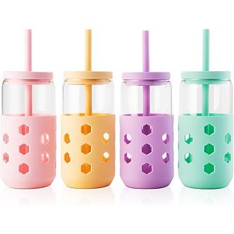 Great Ambitions 4-Pack 16oz Glass Cups with Lids, Straws & Sleeves