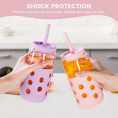Great Ambitions 4-Pack 16oz Glass Cups with Lids, Straws & Sleeves
