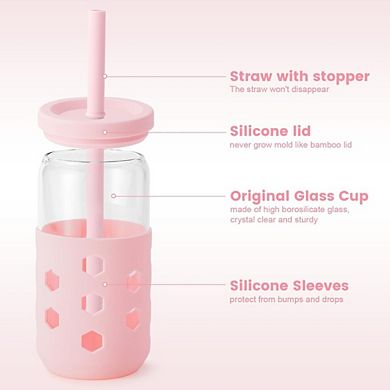 Great Ambitions 4-Pack 16oz Glass Cups with Lids, Straws & Sleeves