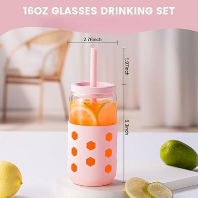 Great Ambitions 4-Pack 16oz Glass Cups with Lids, Straws & Sleeves