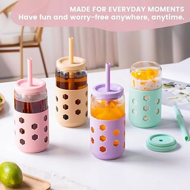 Great Ambitions 4-Pack 16oz Glass Cups with Lids, Straws & Sleeves