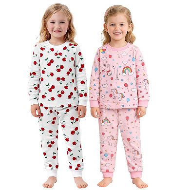 Kids Girls Cherries Rainbows 2-Pack Pajamas Snug Fit PJs Long Sleeve