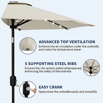 9FT Half Umbrella Outdoor with Solar LED Lights, Smooth Crank Lift, Patio Sun Shade for Small Spaces
