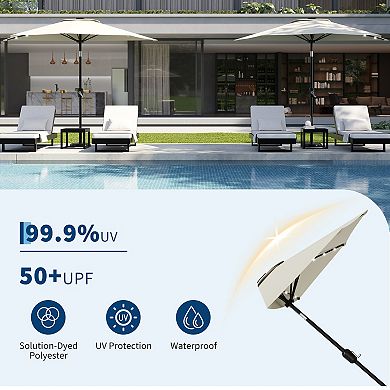 9FT Half Umbrella Outdoor with Solar LED Lights, Smooth Crank Lift, Patio Sun Shade for Small Spaces