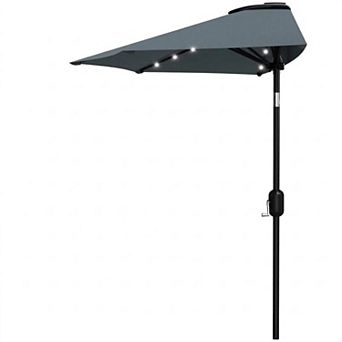 9FT Half Umbrella Outdoor with Solar LED Lights, Smooth Crank Lift, Patio Sun Shade for Small Spaces