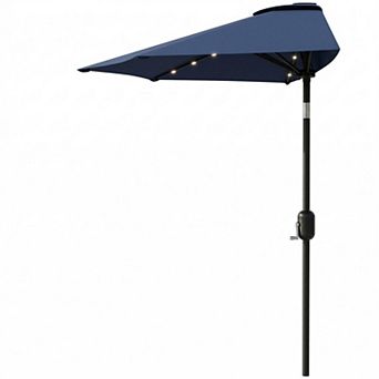 9FT Half Umbrella Outdoor with Solar LED Lights, Smooth Crank Lift, Patio Sun Shade for Small Spaces