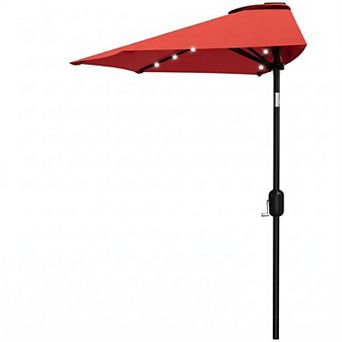 9FT Half Umbrella Outdoor with Solar LED Lights, Smooth Crank Lift, Patio Sun Shade for Small Spaces