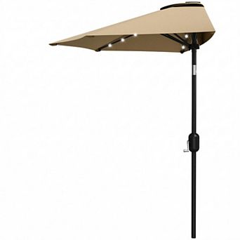 9FT Half Umbrella Outdoor with Solar LED Lights, Smooth Crank Lift, Patio Sun Shade for Small Spaces