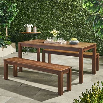 Outdoor Courtyard Table and 2-Bench Set Rustic Acacia Wood Dining Set