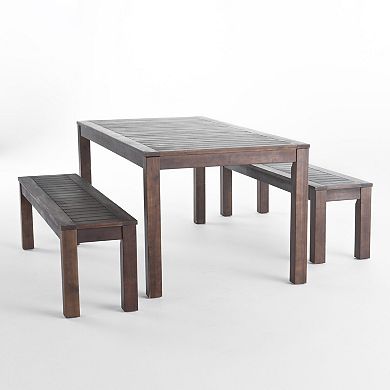 Outdoor Courtyard Table and 2-Bench Set Rustic Acacia Wood Dining Set