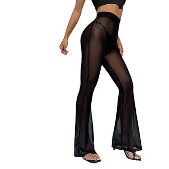 Women Ruffle Sheer Mesh Flare Pants See Through Bikini Bottom Wide Leg Beach Pants