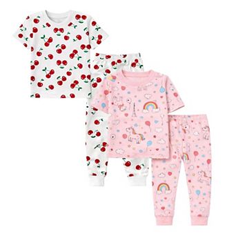 Kids Girls Cherries Rainbows 2-Pack Pajamas Snug Fit PJs Short Sleeve