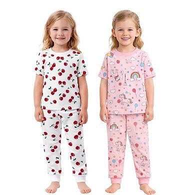 Kids Girls Cherries Rainbows 2-Pack Pajamas Snug Fit PJs Short Sleeve