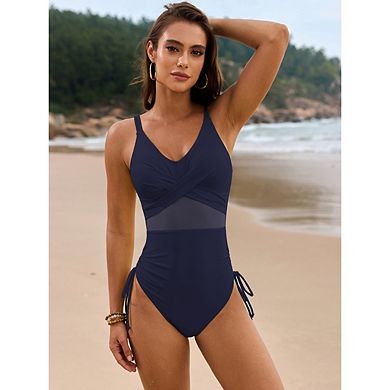 Women One Piece Swim Dress Swimsuit Mesh Patch Side Drawstring Bathing Suit