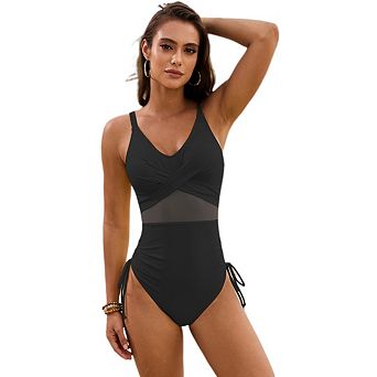 Women One Piece Swim Dress Swimsuit Mesh Patch Side Drawstring Bathing Suit