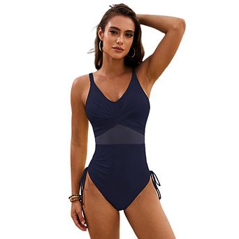 Women One Piece Swim Dress Swimsuit Mesh Patch Side Drawstring Bathing Suit