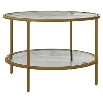2 tier Tempered Glass Shelf Table with Gold Frame, Modern Accent Table