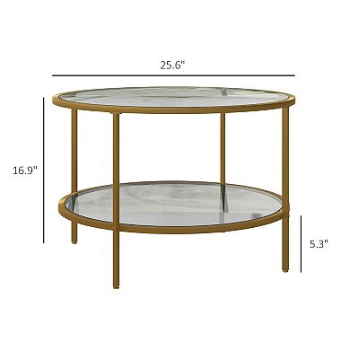 2-Tier Tempered Glass Shelf Table with Gold Frame, Modern Accent Table