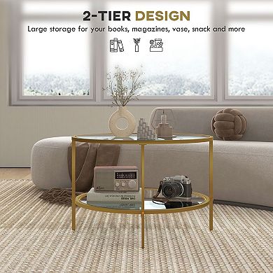 2-Tier Tempered Glass Shelf Table with Gold Frame, Modern Accent Table
